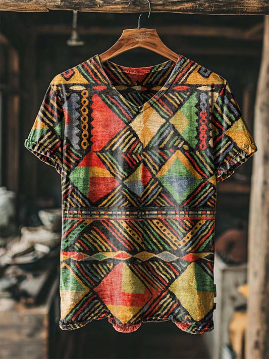Camiseta de manga corta casual con estampado geométrico tribal africano