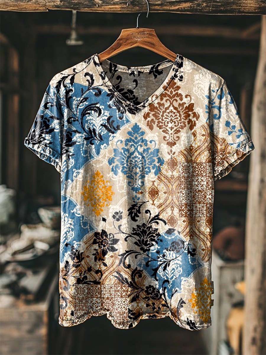 Barroco de color bloqueado patrón de impresión casual de manga corta camiseta