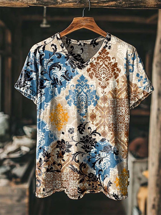 Barroco de color bloqueado patrón de impresión casual de manga corta camiseta