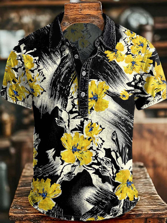Polo de manga corta casual con estampado floral de cepillo