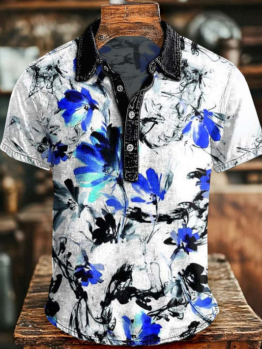 Polo informal de manga corta con estampado floral azul Ink-Wash