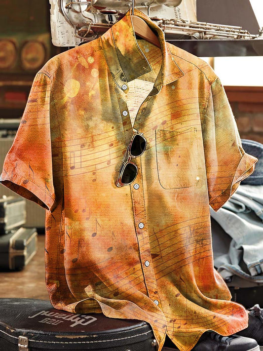Camisa de manga corta casual apenada con estampado de notas musicales retro