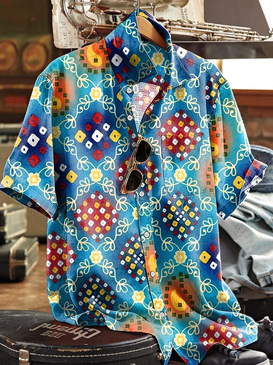 Camisa de manga corta casual con estampado floral de estilo étnico