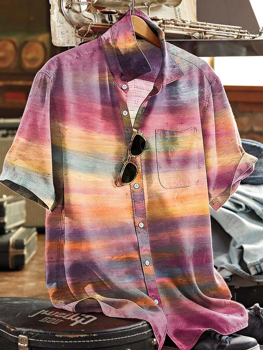 Camisa casual de manga corta con estampado de rayas acuarela degradado