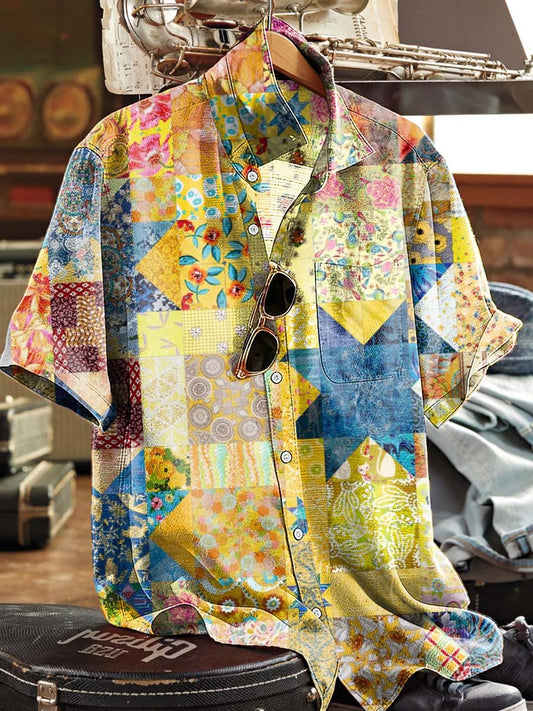 Camisa de manga corta casual con estampado de patchwork
