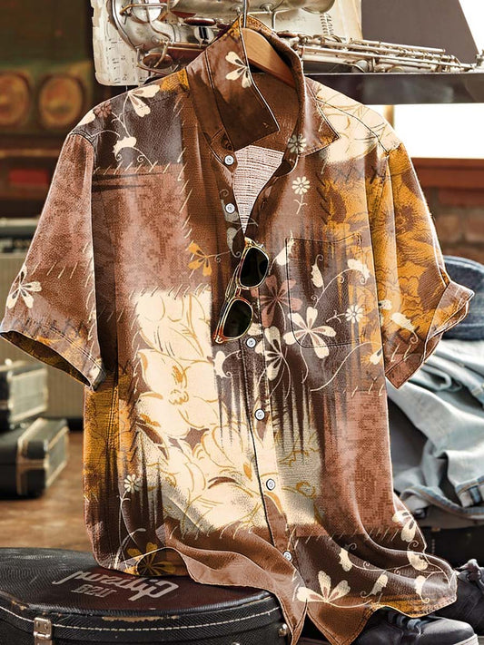 Camisa de manga corta casual con estampado floral retro en color marrón