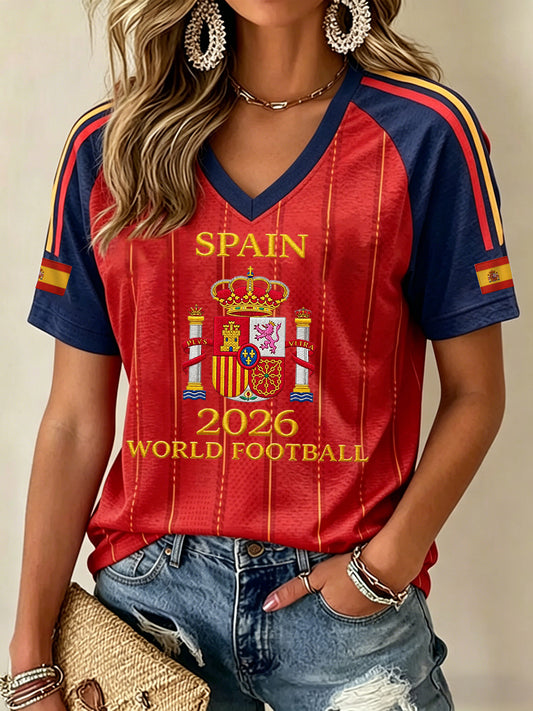 Camiseta casual con estampado y cuello en V para mujeres, regalo para aficionadas al fútbol español