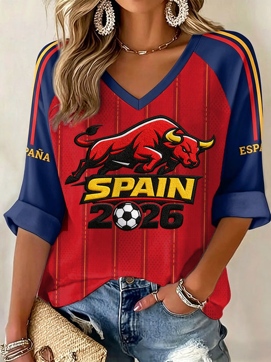 Regalo de las mujeres para España Fútbol Fans Imprimir Casual V-cuello de manga larga Camiseta