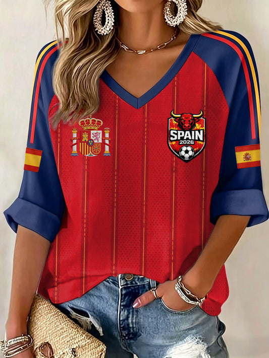 Regalo para mujeres, para aficionadas al fútbol español: camiseta informal con estampado, cuello en V y manga larga