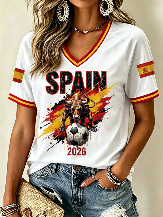 Camiseta casual con estampado y cuello en V para mujeres, regalo para aficionadas al fútbol español
