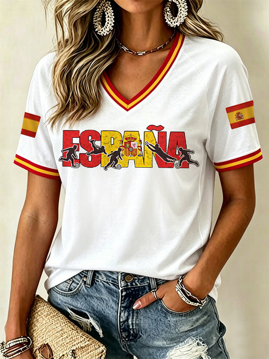Camiseta casual con estampado y cuello en V para mujeres, regalo para aficionadas al fútbol español