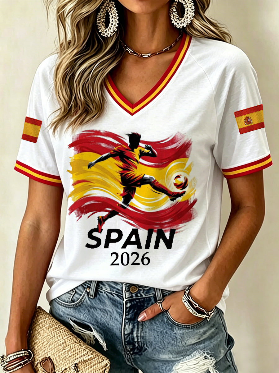 Camiseta casual con estampado y cuello en V para mujeres, regalo para aficionadas al fútbol español