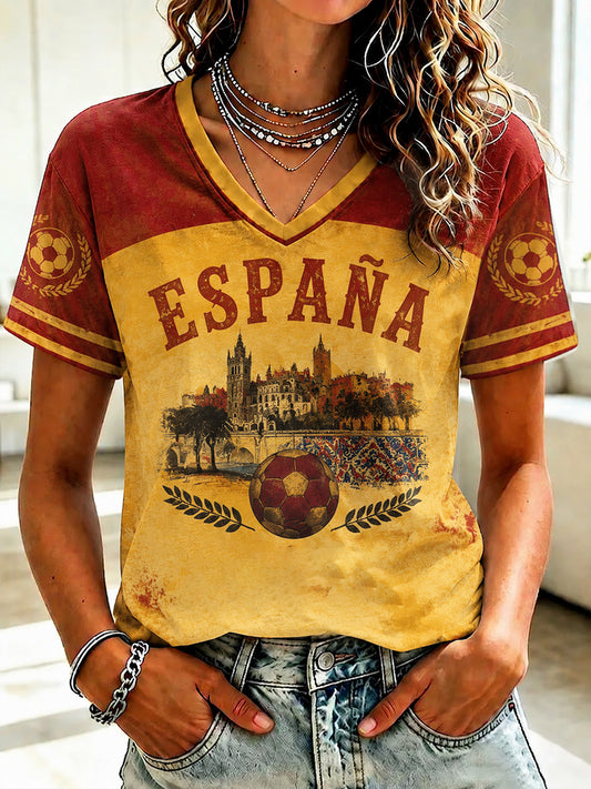 Camiseta de mujer con cuello en V y estampado de fútbol español