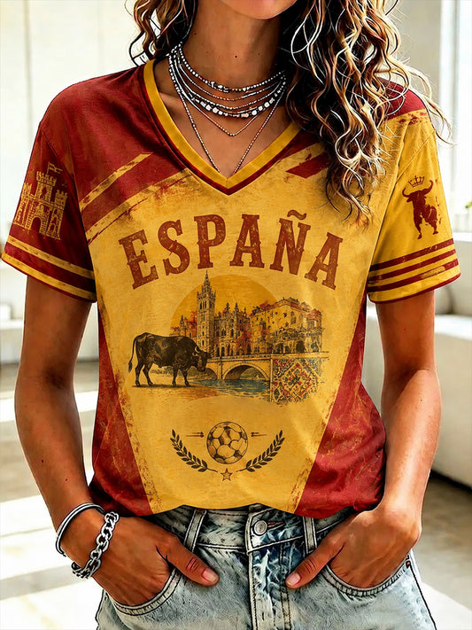 Camiseta de mujer con cuello en V y estampado de fútbol español