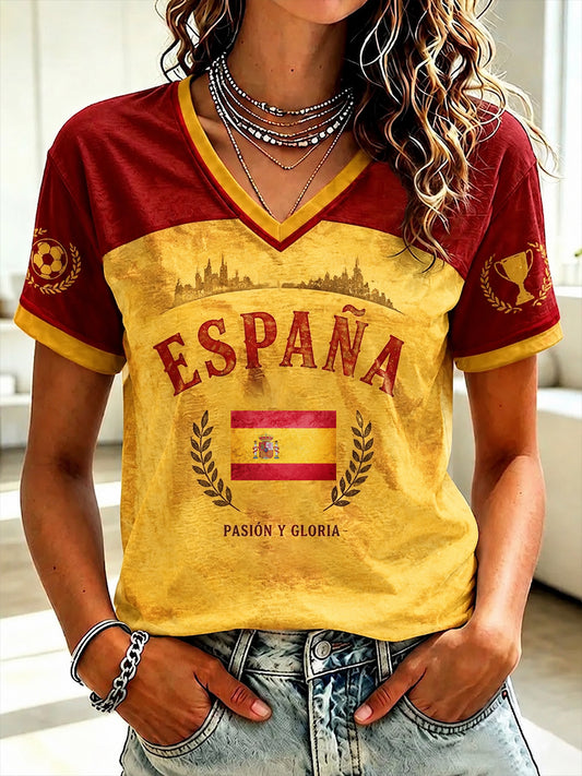 Camiseta de mujer con cuello en V y estampado de fútbol español