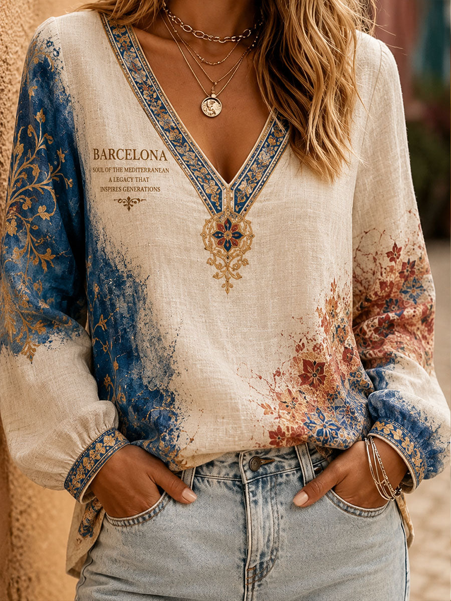 Tops de lino estampados Barcelona Floral Art de mujer