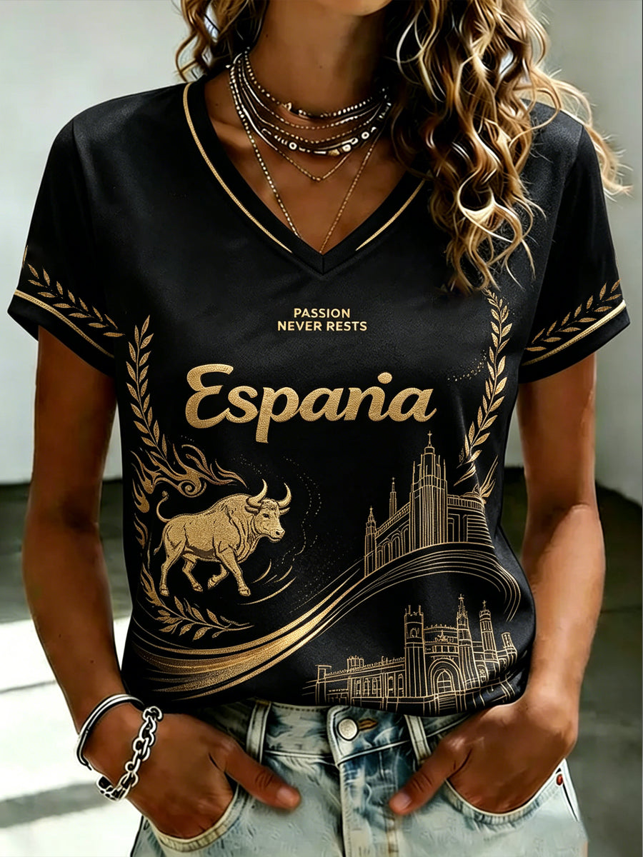 Camiseta de fútbol femenino en español con cuello en V y estampado