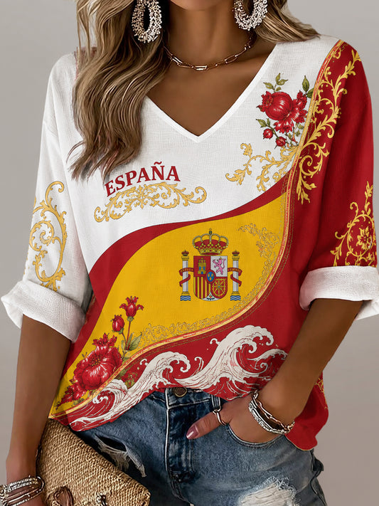 Top de cuello en V para mujer con estampado de arte para aficionados al fútbol español