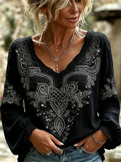 Camisa de lino de algodón con estampado floral de encaje de nudo celta vikingo con clase para mujer