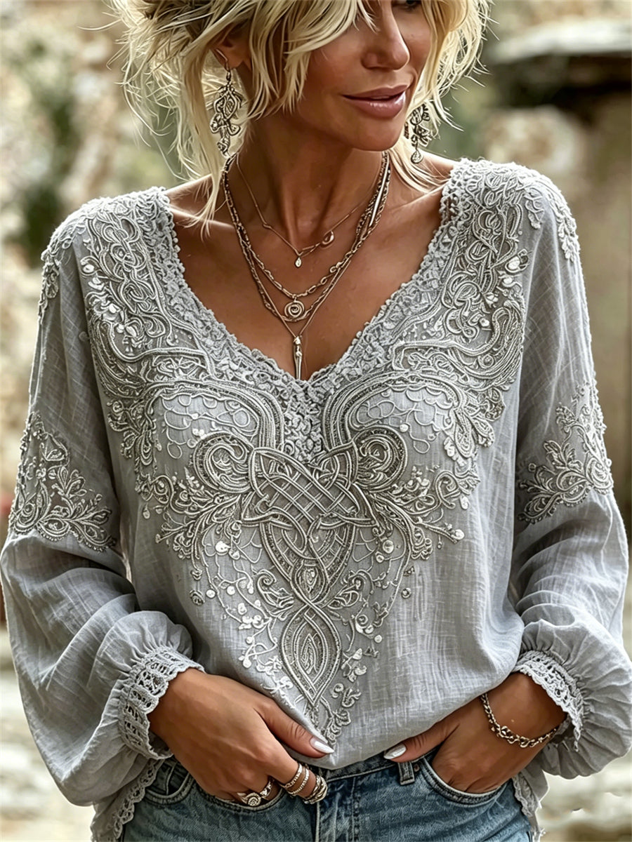 Camisa de lino de algodón con estampado floral de encaje de nudo celta vikingo con clase para mujer