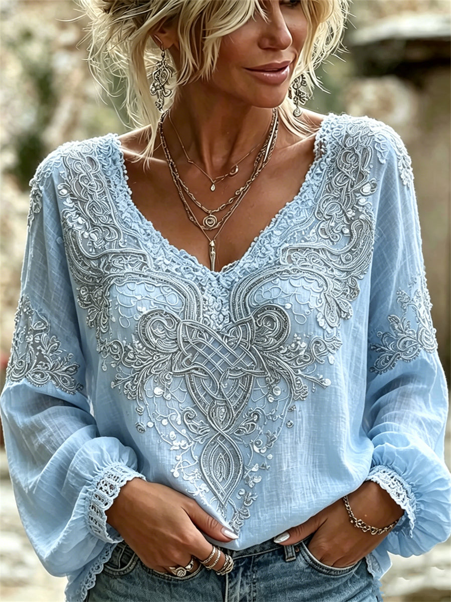 Camisa de lino de algodón con estampado floral de encaje de nudo celta vikingo con clase para mujer