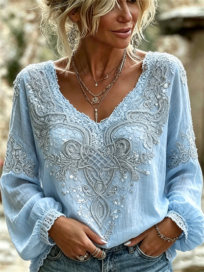 Camisa de lino de algodón con estampado floral de encaje de nudo celta vikingo con clase para mujer