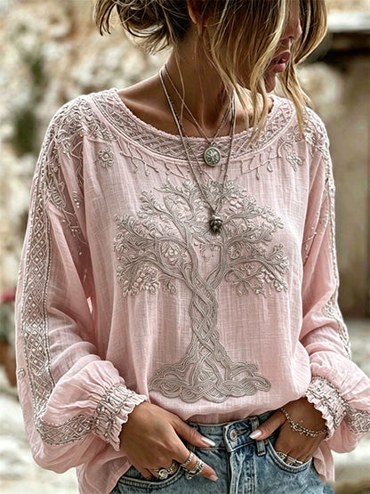 Camisa de lino vintage de algodón con estampado Árbol de la vida vikingo para mujer