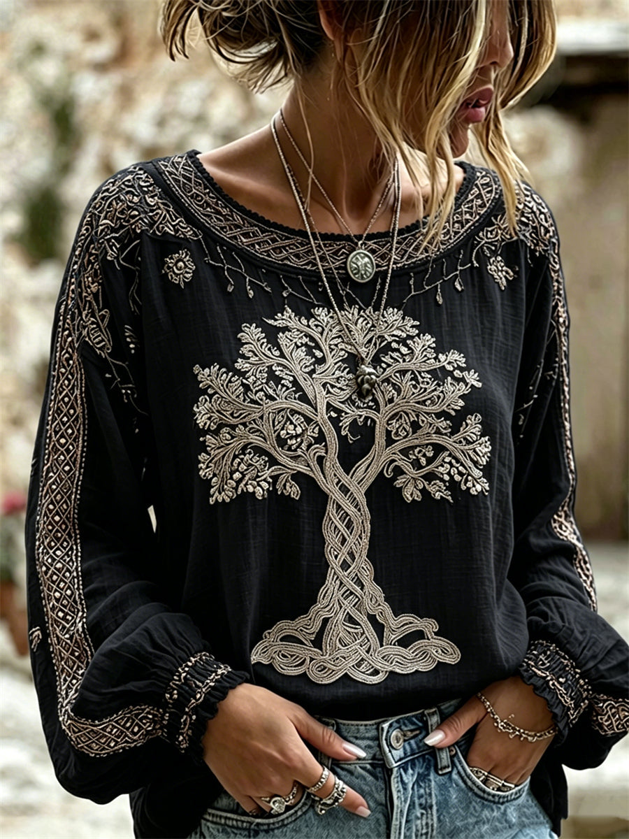 Camisa de lino vintage de algodón con estampado Árbol de la vida vikingo para mujer