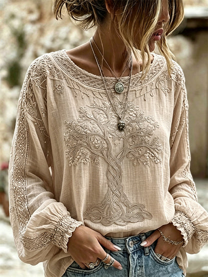 Camisa de lino vintage de algodón con estampado Árbol de la vida vikingo para mujer