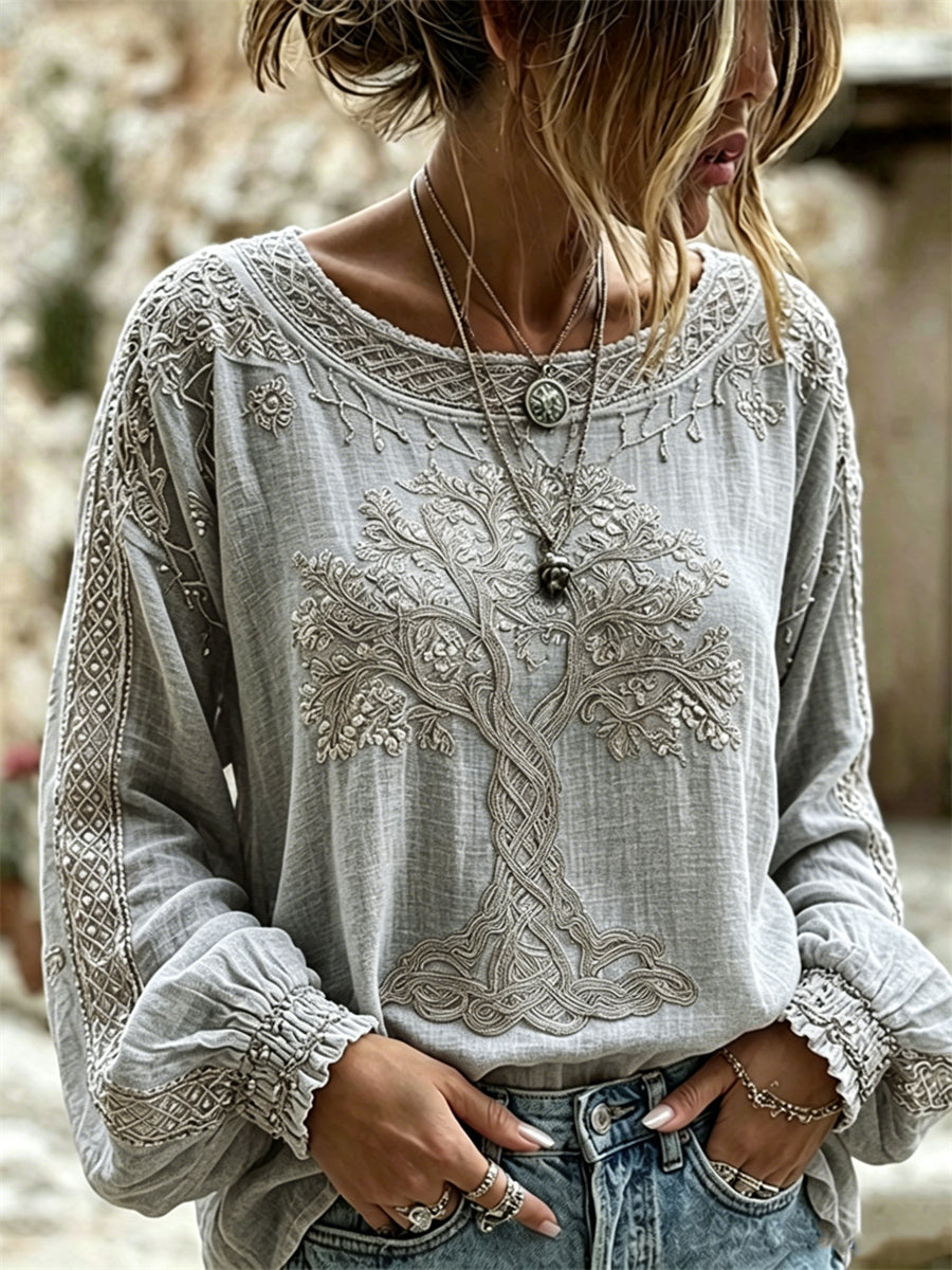 Camisa de lino vintage de algodón con estampado Árbol de la vida vikingo para mujer