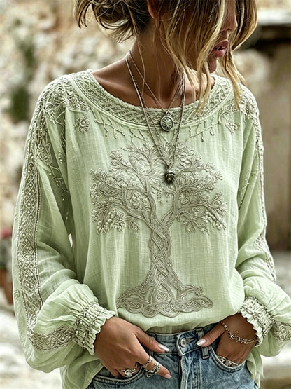Camisa de lino vintage de algodón con estampado Árbol de la vida vikingo para mujer