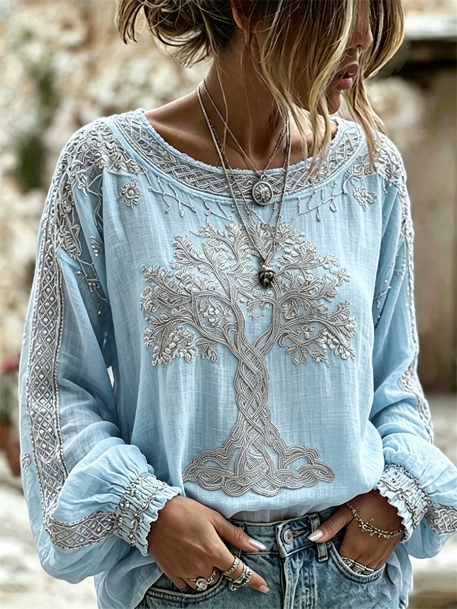 Camisa de lino vintage de algodón con estampado Árbol de la vida vikingo para mujer