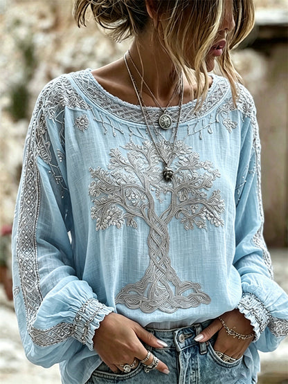 Camisa de lino vintage de algodón con estampado Árbol de la vida vikingo para mujer