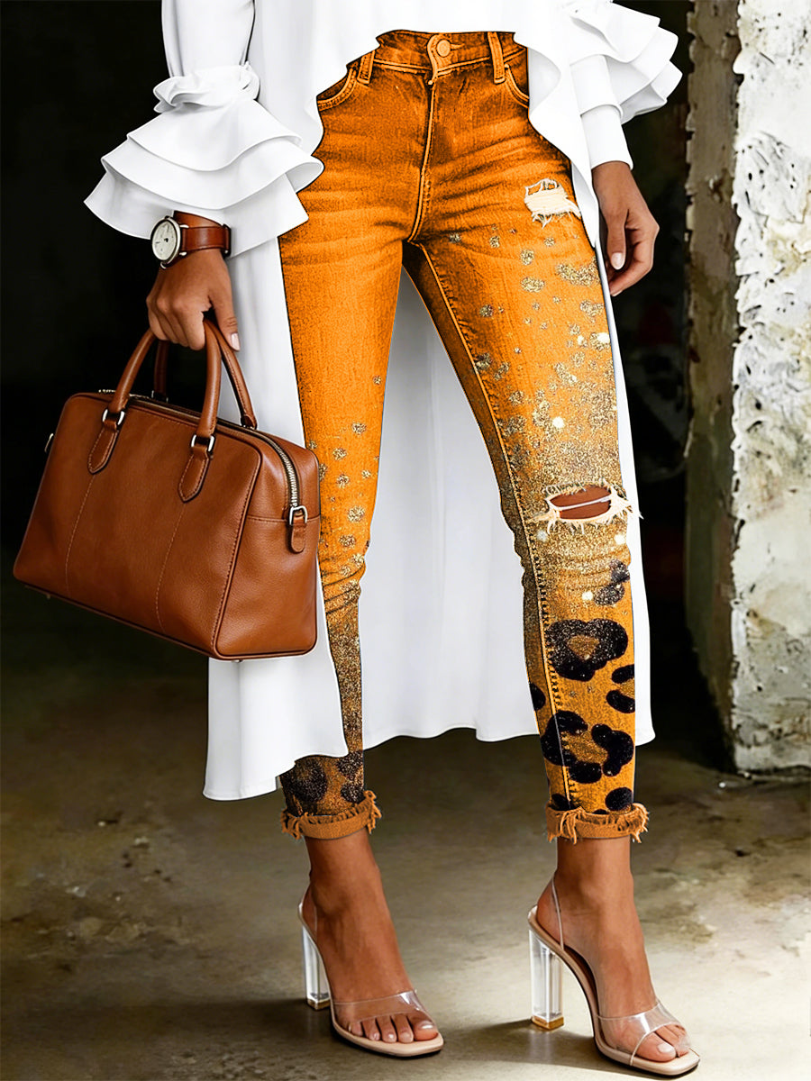 Jeans de mujer con estampado floral artístico