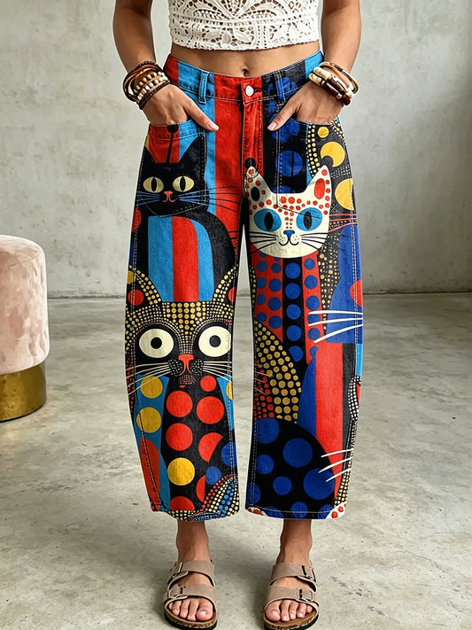 Pantalones de bolsillo con estampado de arte de gato animal para mujer