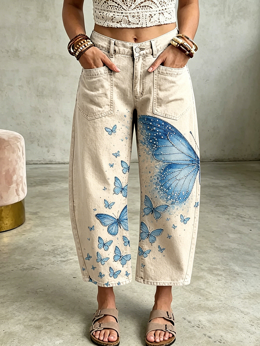 Pantalones de bolsillo con estampado de arte de mariposa animal para mujer