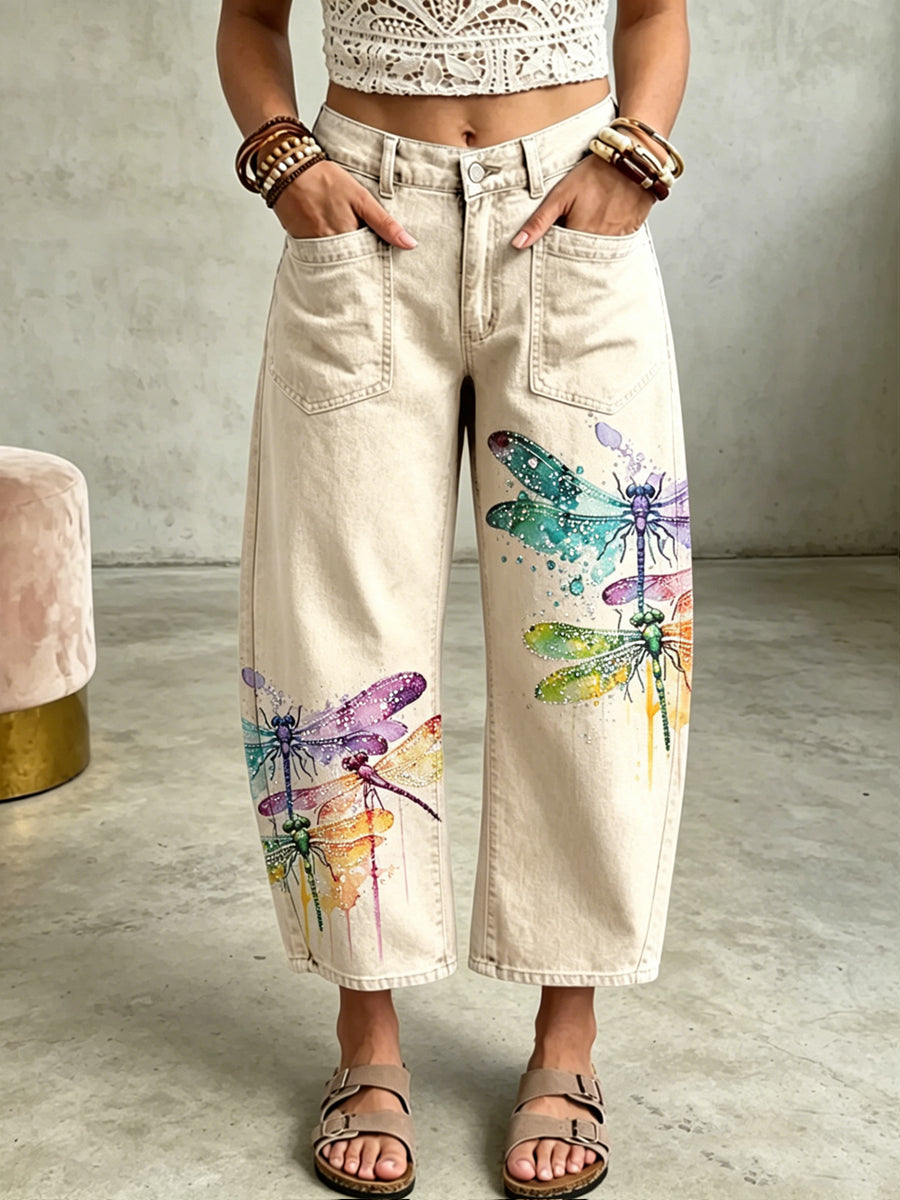 Pantalones de bolsillo con estampado de arte Animal Dragonfly para mujer