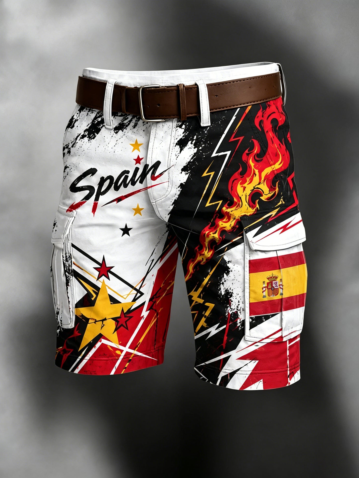 Pantalones cortos de carga con estampado artístico de fútbol español para hombre