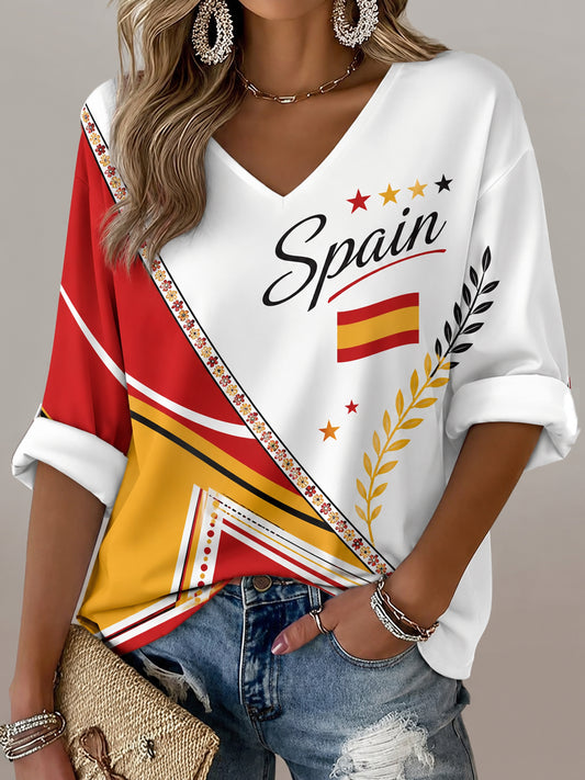 Camiseta de cuello en V con estampado artístico del fútbol femenino español