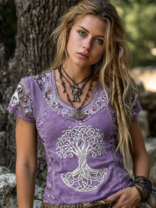 Vintage Tree Of Life Celtic Print V Neck Camiseta de manga corta para mujer