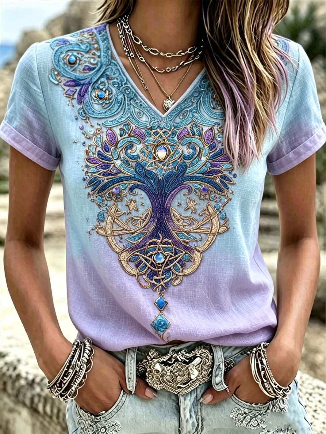 Camiseta de lino de manga corta para mujer, estampada con diseño retro de la mitología vikinga y nórdica