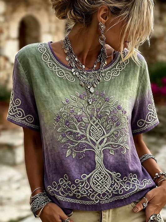 Vintage Viking Tree Of Life Celtic Print Gradient Linen Camiseta de manga corta para mujer