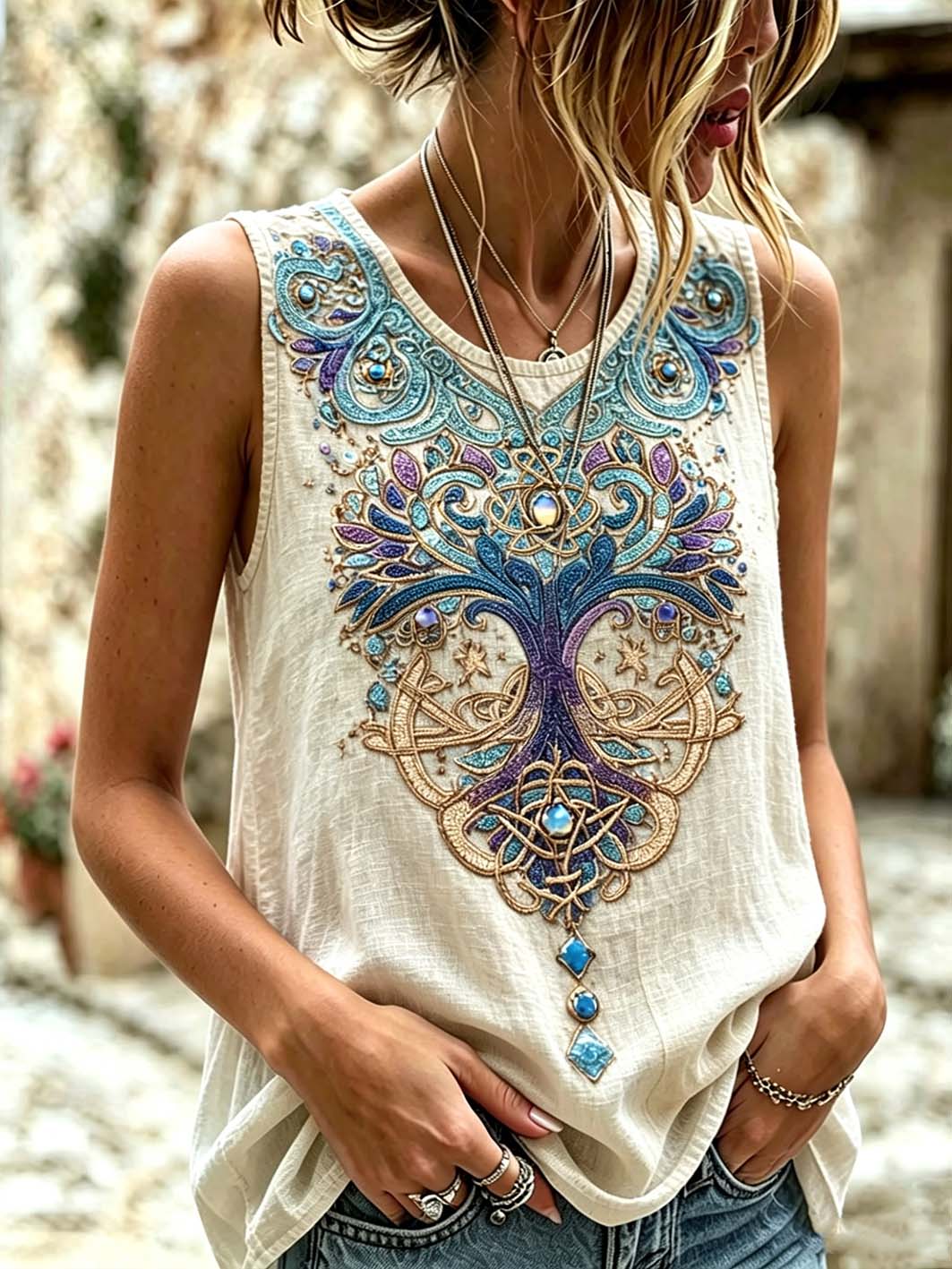 Mujeres retro Viking mitología nórdica patrón impreso chaleco de lino casual