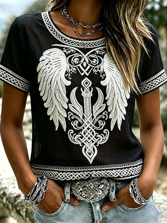 Camiseta de manga corta de lino vintage Viking Celtic Wings Print para mujer