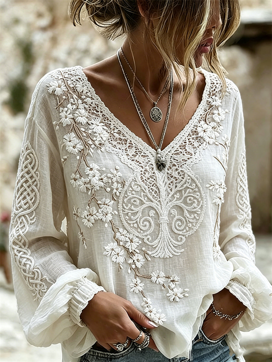 Camisa de lino de algodón con estampado floral de rama de Viking Tree of Life para mujer