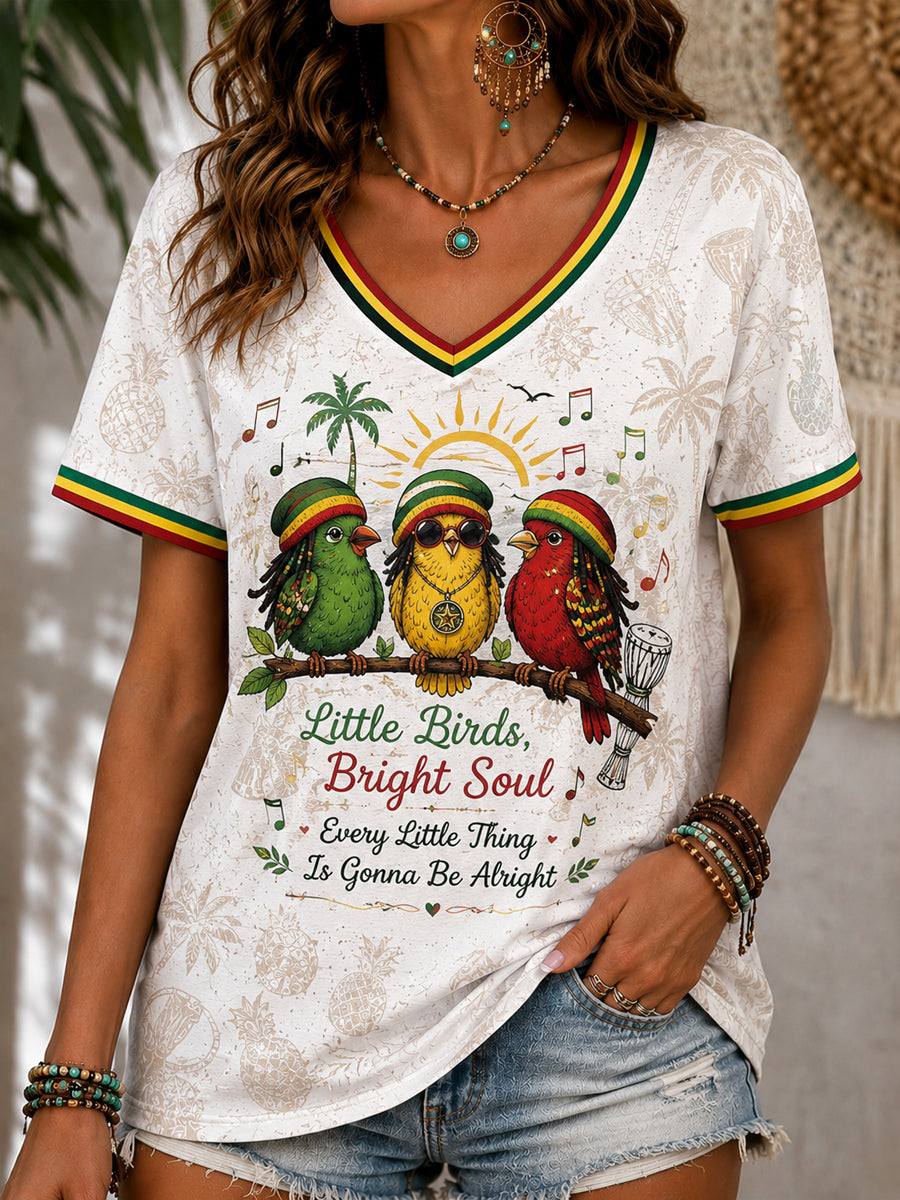 Camiseta cuello en V Fun Reggae-Print Casual para mujer