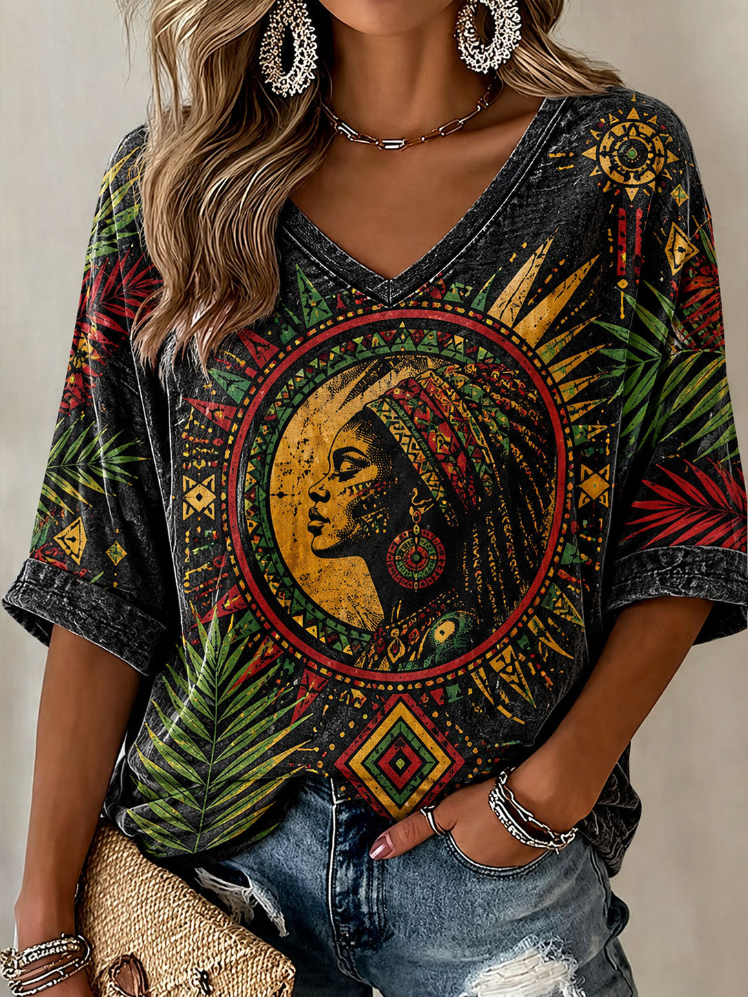 Camiseta casual con estampado Reggae para mujer