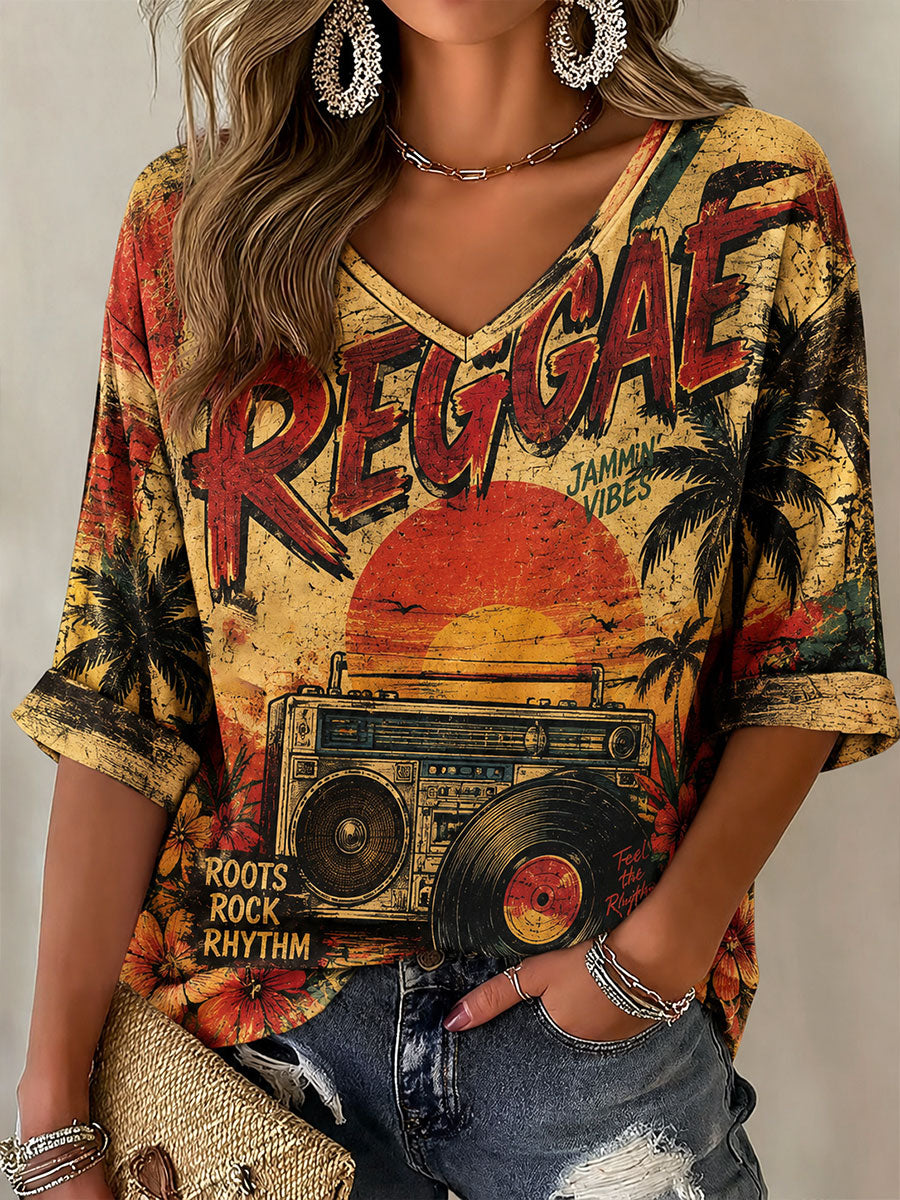 Camiseta de manga larga con cuello en V para mujer