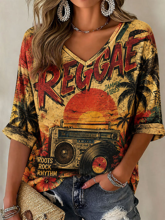 Camiseta de manga larga con cuello en V para mujer
