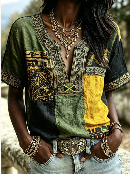 Reggae Lion Jamaica Flag Africa Ethnic Kente Colorblock Print Camisa de lino de algodón para mujer
